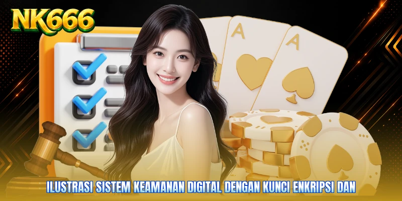 Ilustrasi sistem keamanan digital dengan kunci enkripsi dan